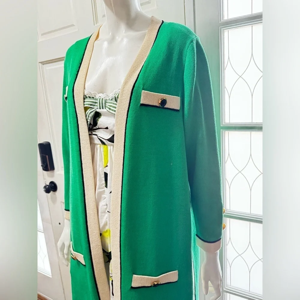 St. John Collection Long Green/Black Gold Buttons Open Front Cardigan Sz L P-38